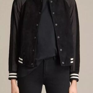 NWOT All Saints Black Gresley Bomber Jacket Black Suede Leather size M